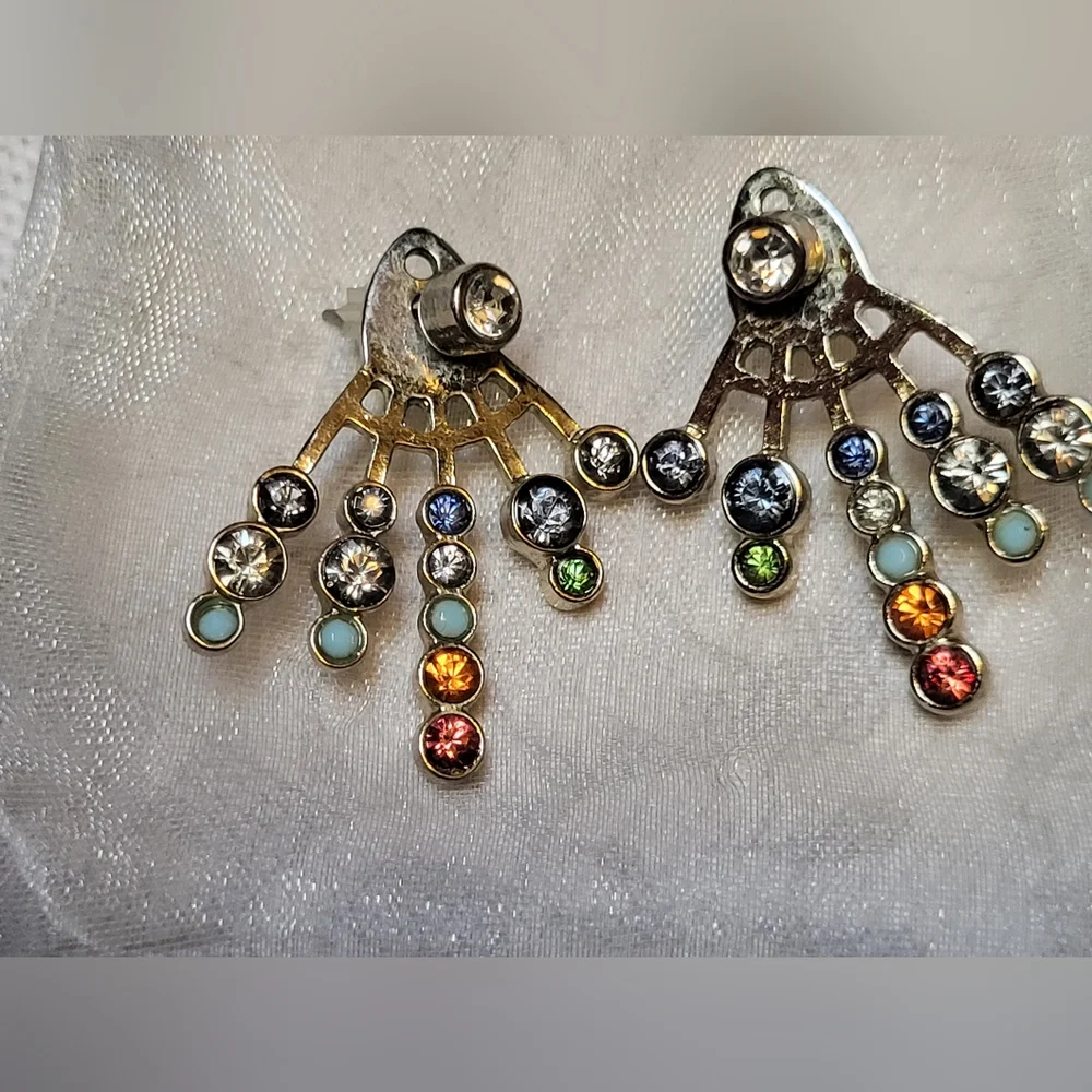 Aqua Gold Tone Cascading Rainbow Crystal Fan Two-Way Earrings